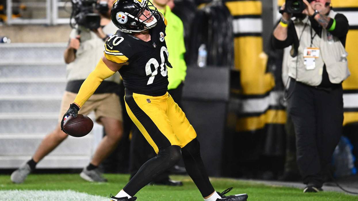 T.J. Watt #90 of the Pittsburgh Steelers celebrates his fumble recovery for a touchdown against the Cleveland Browns during the fourth quarter at Acrisure Stadium on September 18, 2023 in Pittsburgh, Pennsylvania. (Photo by Joe Sargent/Getty Images)