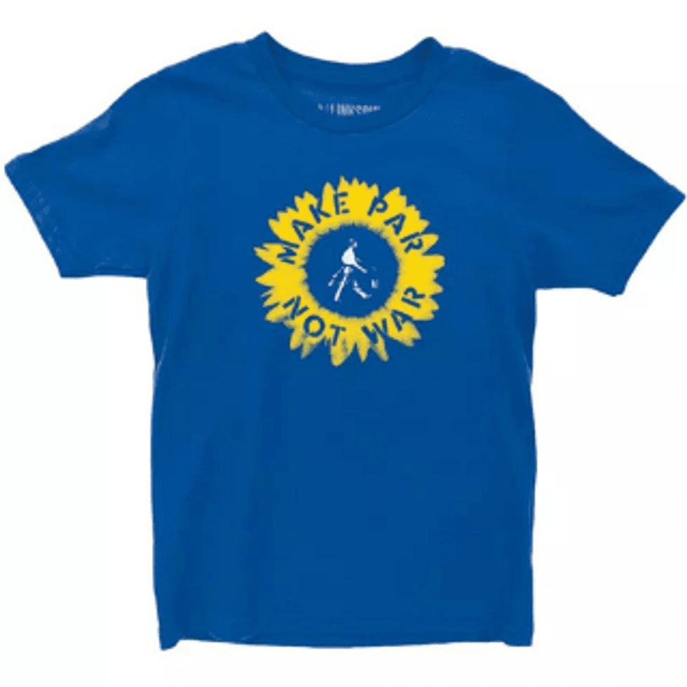 T-shirts in Ukrainian colors depicting a sunflower and the words "MAKE PAR NOT WAR"