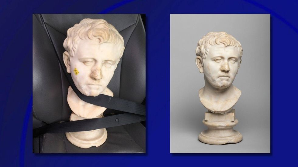 Taking home the Portrait of a man after purchasing the bust at the Goodwill inAustin (left); Portrait of a man Roman, late 1st-century B.C.-early 1st century A.D. Marble (right)
