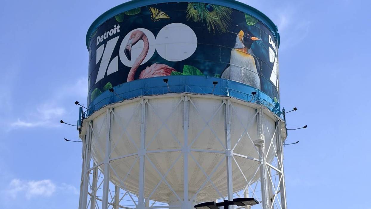 Tall white water tower with "Detroit ZOO" mural featuring a flamingo and penguin against a blue sky.