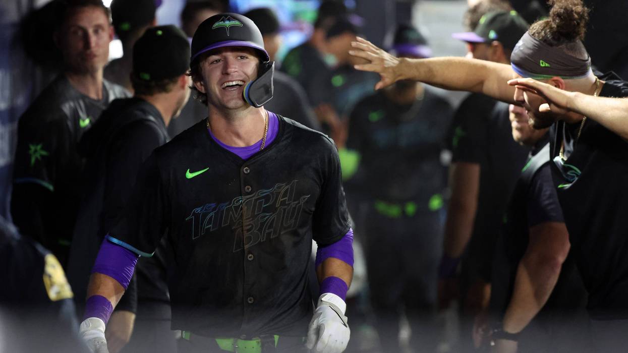 Tampa Bay Rays shortstop Carson Williams (77) celebrates after he hit a two-run home run during the seventh inning against the St. Louis Cardinals at George M. Steinbrenner Field.