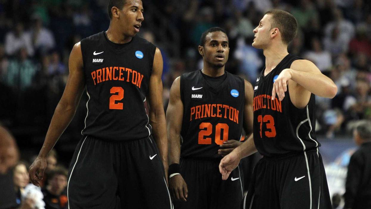 Tampa, FL, USA; Princeton Tigers guard Dan Mavraides (33), guard Douglas Davis (20) and forward Kareem Maddox (2) in the first half against the Kentucky Wildcats during the second round of the 2011 NCAA men's basketball tournament