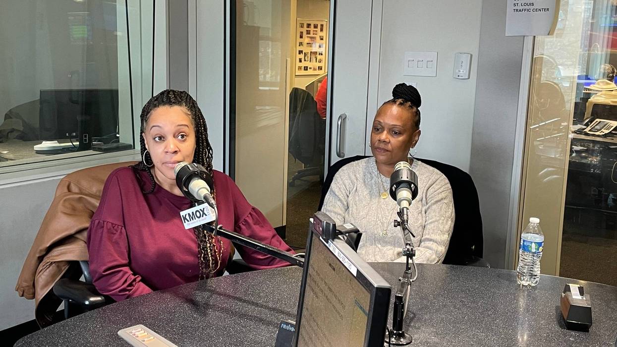 tara ervin and donna givens sit in kmox studios. they are both black women; tara (left) wears a maroon shirt and, donna wears a light gray sweater