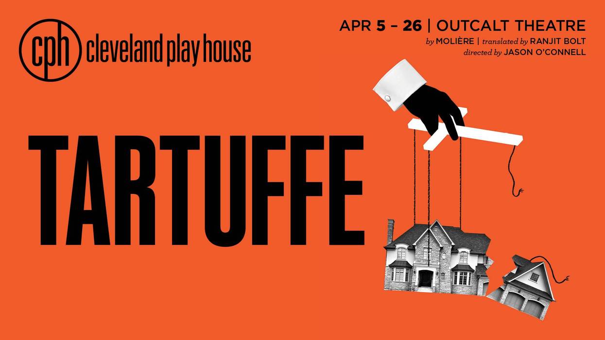 Tartuffe poster for Cleveland Play House: Hand manipulates houses like puppets, one broken.