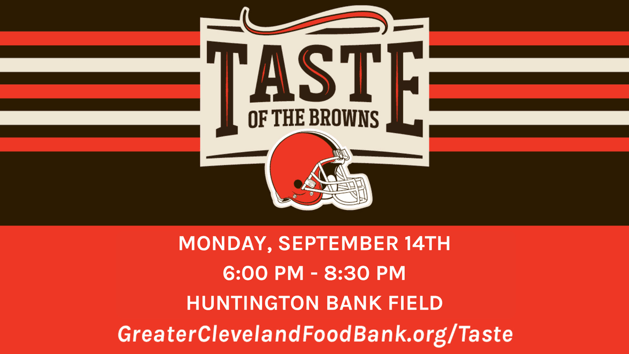 Taste of the Browns fundraiser for Greater Cleveland Food Bank, featuring a Browns helmet and event details.