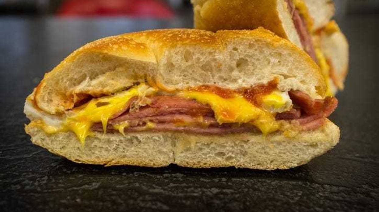 Taylor ham egg and cheese breakfast sandwich on a kaiser roll from New Jersey