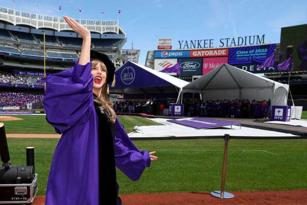 Taylor Swift arrives to deliver the New York University 2022 Commencement Address at Yankee Stadium on May 18, 2022 in New York City.