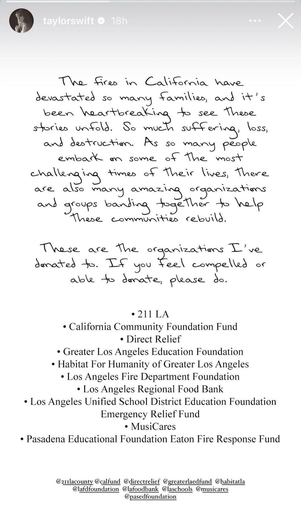 Taylor Swift IG story