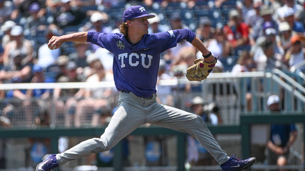 TCU Horned Frogs pitcher Sam Stoutenborough (15) throws against the Virginia Cavaliers in the first inning at Charles Schwab Field Omaha.
