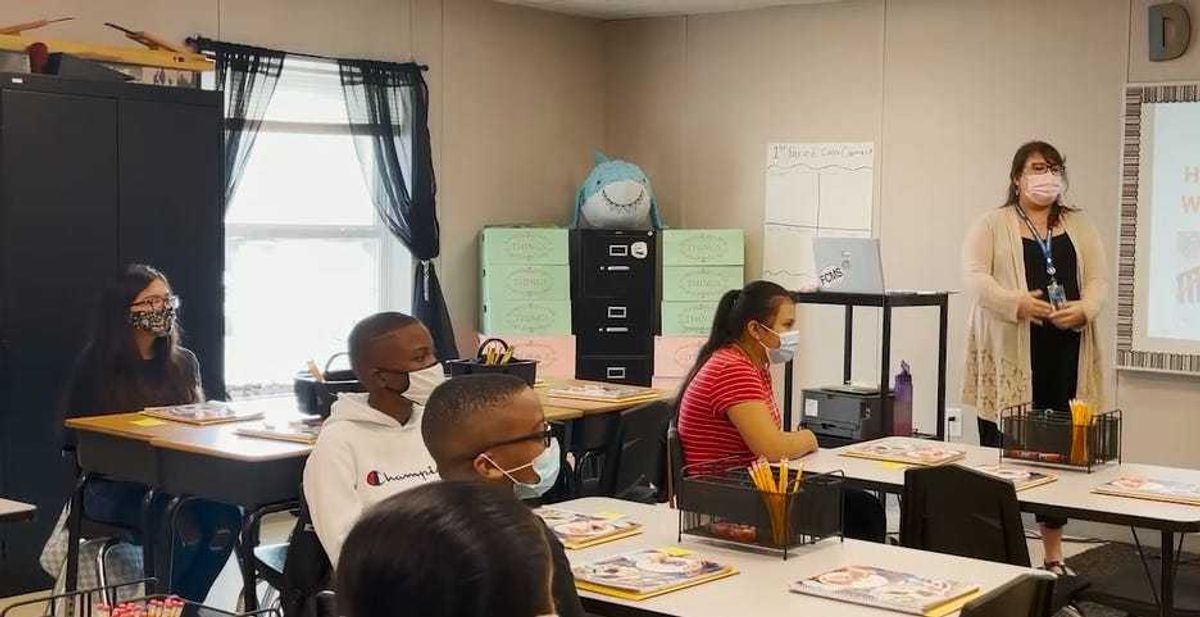 Teacher and students at Falling Creek Middle School on Chesterfield's first day