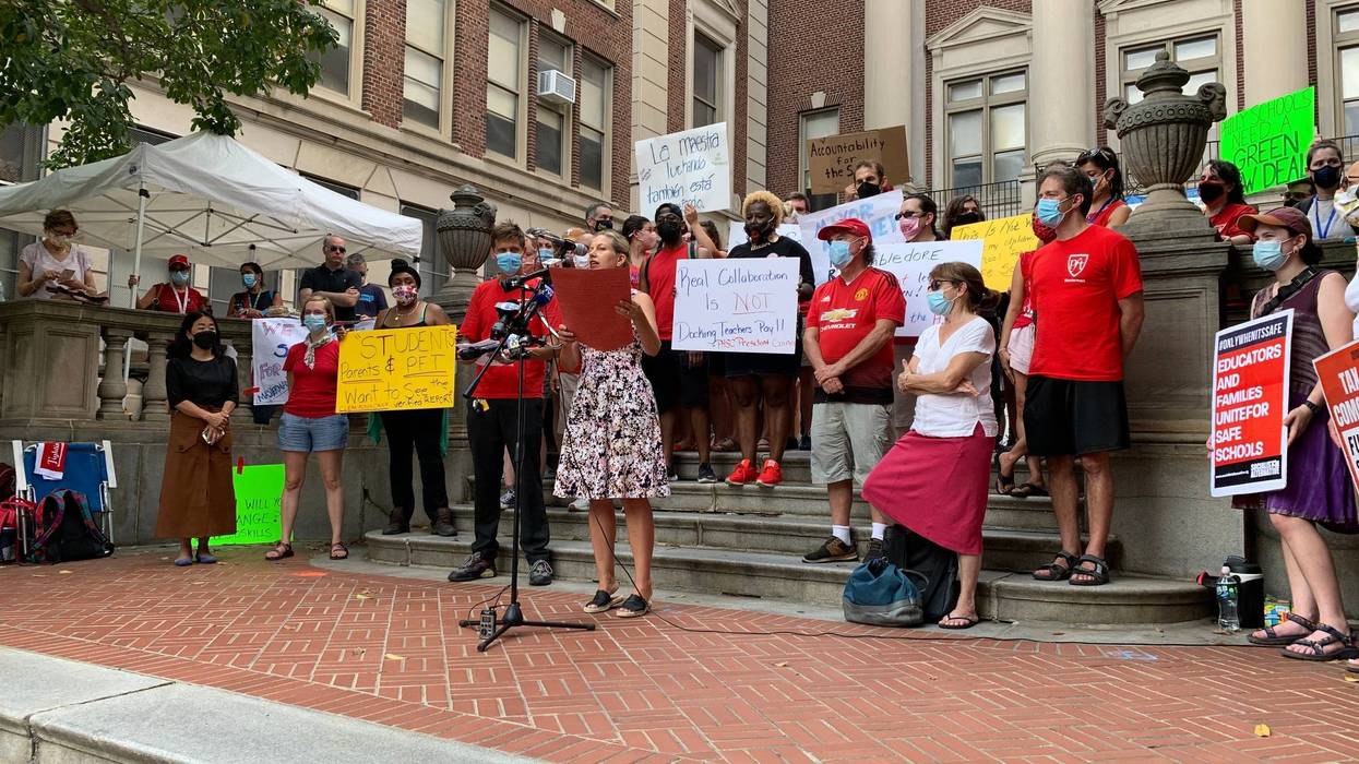 Teachers demonstrate outside Masterman School in August 2021 over asbestos concerns.