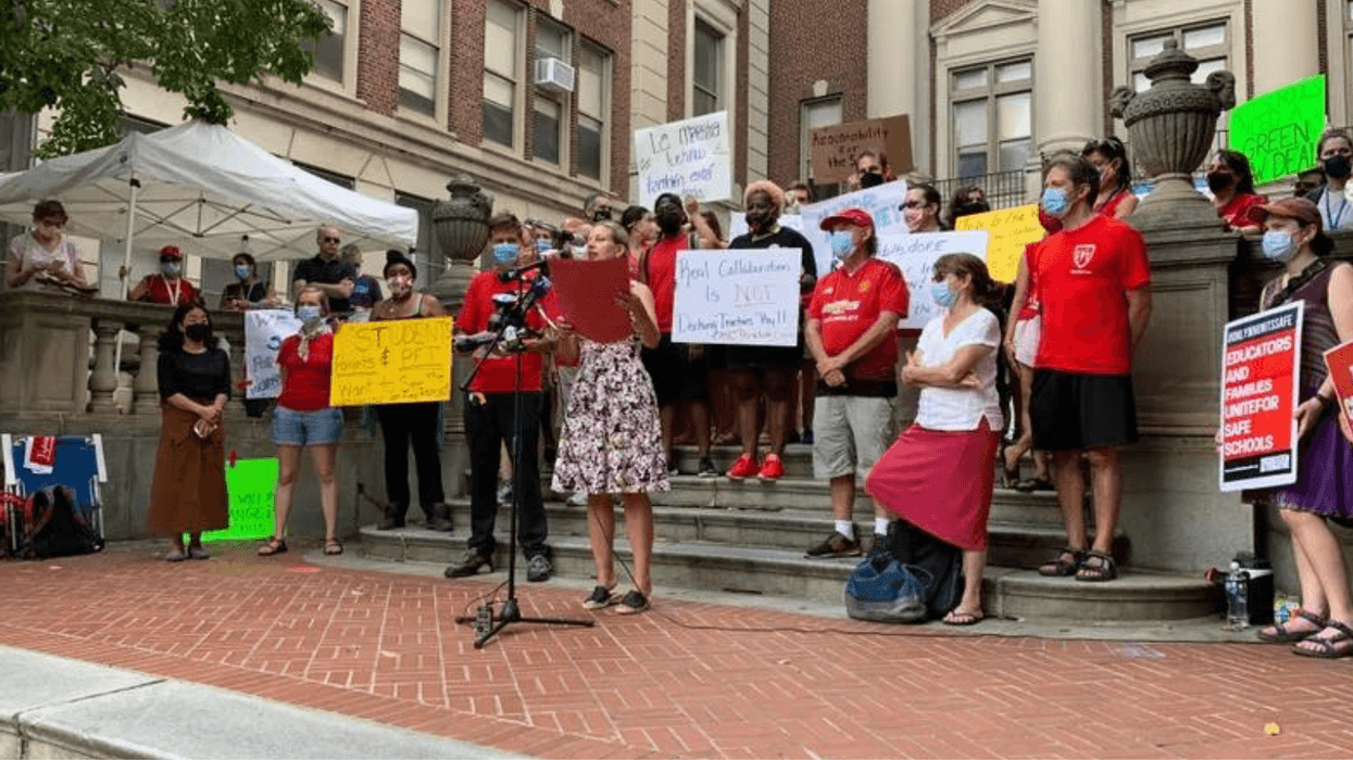 Teachers demonstrate outside Masterman School in August 2021 over asbestos concerns.