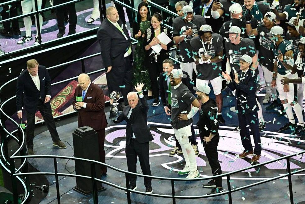 Team owner Jeffrey Lurie holds the Vince Lombardi trophy after the Philadelphia Eagles beat the Kansas City Chiefs at Super Bowl LIX.