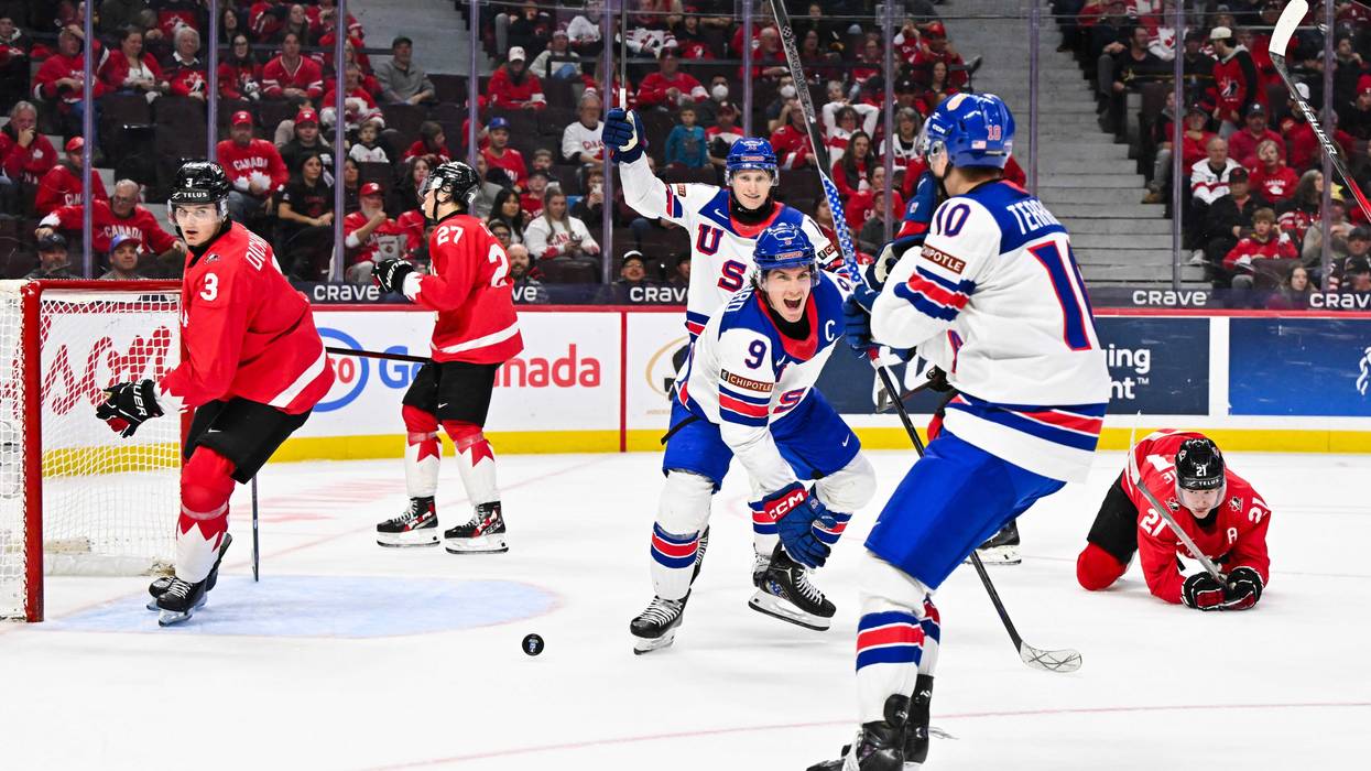 Team USA celebrates an empty net goal in the third period against Team Canada of the Group A match during the 2025 IIHF World Junior Championship at Canadian Tire Centre on December 31, 2024 in Ottawa, Ontario, Canada.