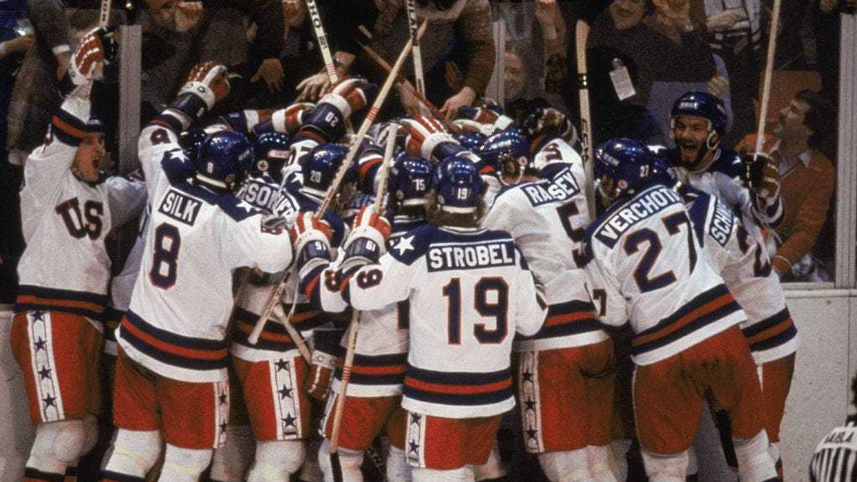 Team USA celebrates their 4-3 victory over the Soviet Union in the semi-final Men's Ice Hockey event at the Winter Olympic Games in Lake Placid, New York on February 22, 1980. The game was dubbed "the Miracle on Ice". The USA went on to win the gold medal by defeating Finland 4-2 in the gold medal game.
