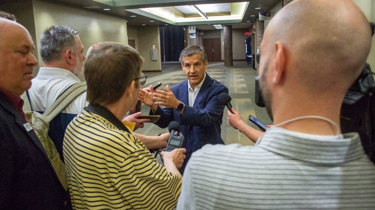 Ted Dabrowski, president of the conservative media outlet Wirepoints, speaks to reporters after telling fellow Republicans he plans to announce a bid for governor soon.
