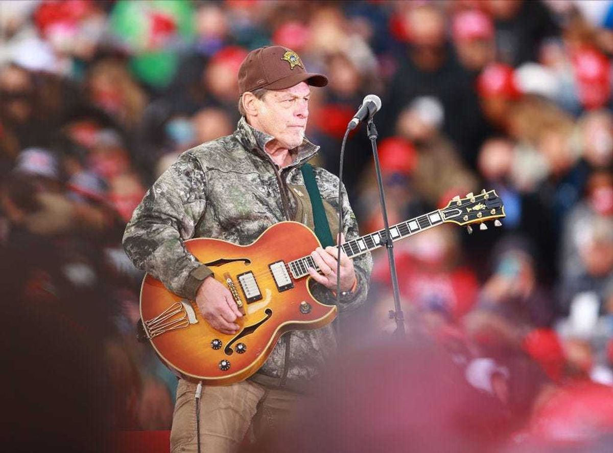 Ted Nugent performs at a campaign event for U.S. President Donald Trump on October 17, 2020 in Muskegon, Michigan.