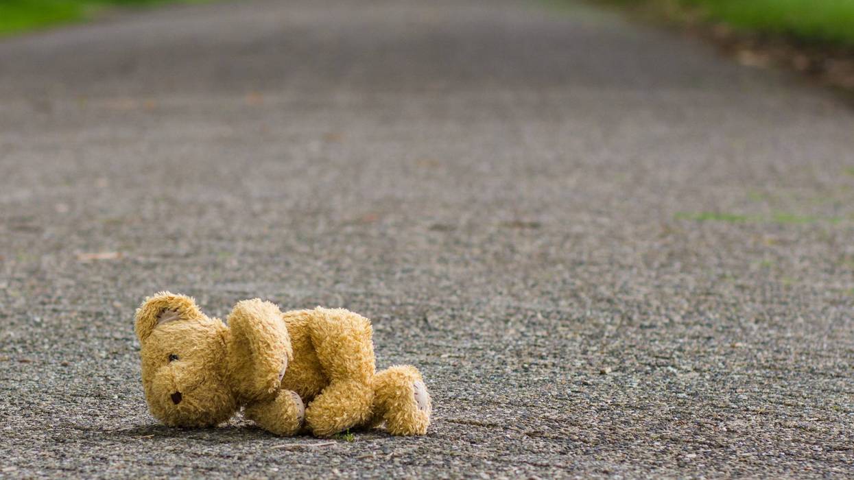 Teddy bear lies on the road
