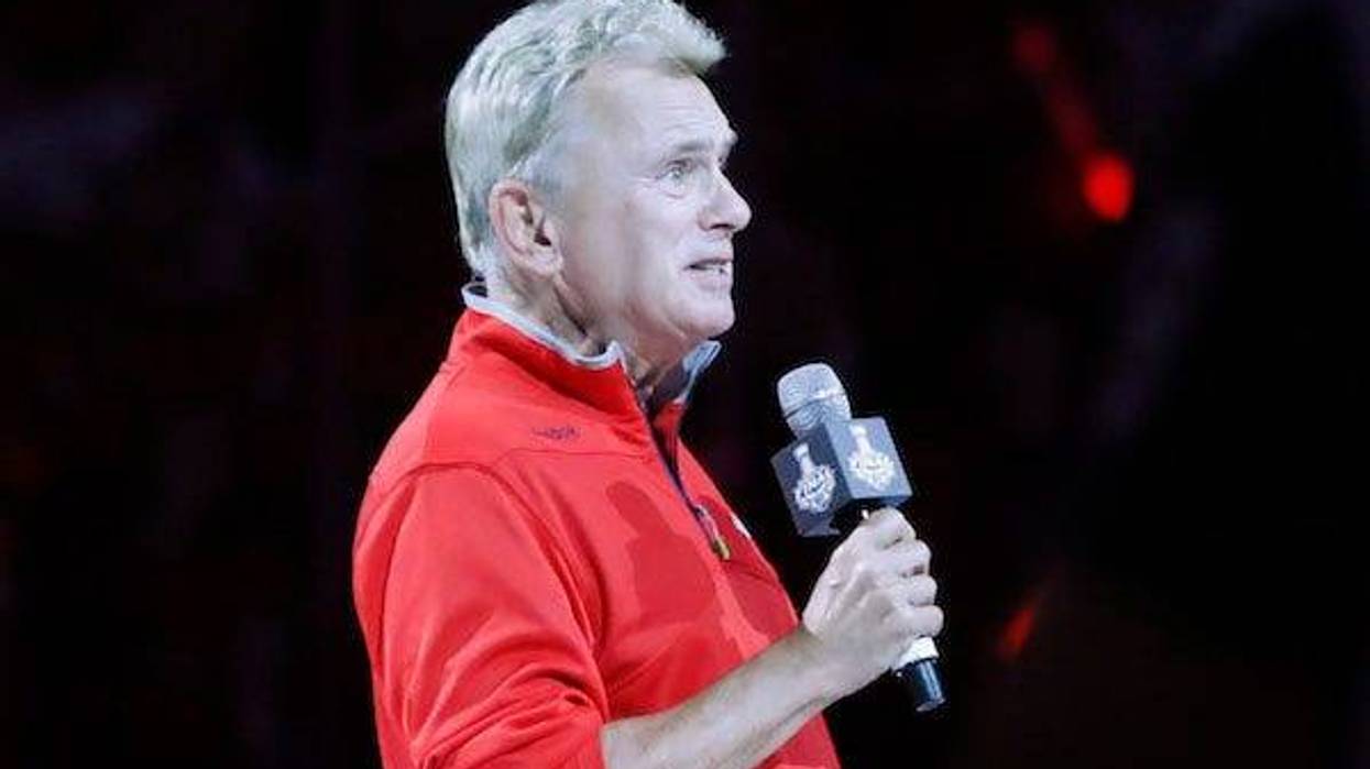 Television host Pat Sajak announces the starters before game three of the 2018 Stanley Cup Final between the Vegas Golden Knights and the Washington Capitals