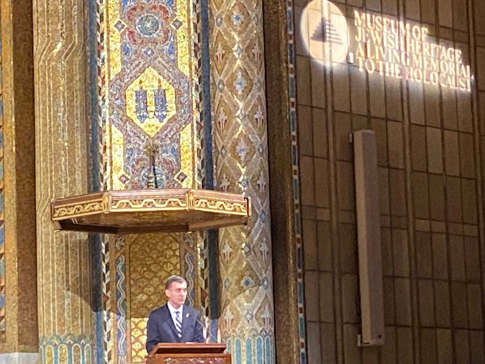 Temple Emanu-El Rabbi Joshua M. Davidson speaks at the Annual Gathering of Remembrance at Temple Emanu-El on May 5, 2024.