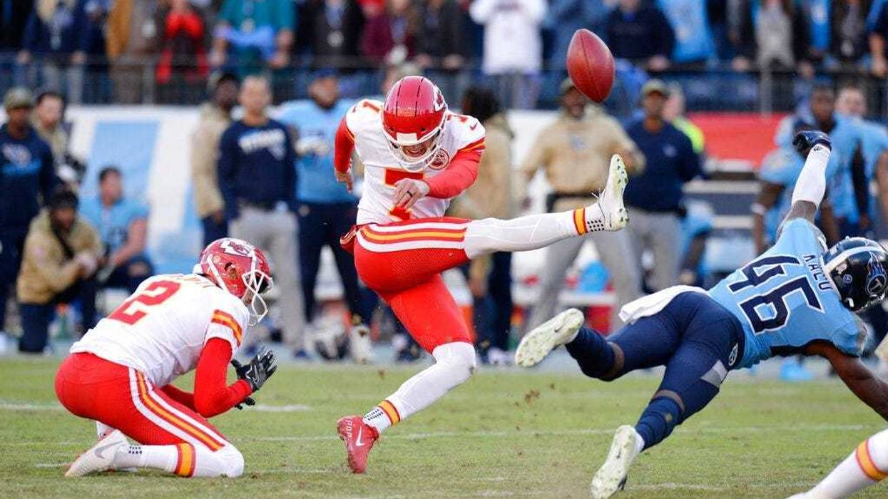 Tennessee Titans defensive back Joshua Kalu (46) blocks a 52-yard field goal attempt by Kansas City Chiefs kicker Harrison Butker (7) on the final play of an NFL football game Sunday, Nov. 10, 2019, in Nashville, Tenn. The Titans won 35-32.