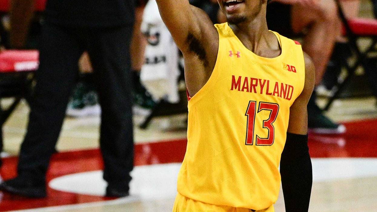 Terps Guard Hakim Hart celebrates a bucket during MD's win over Michigan State.