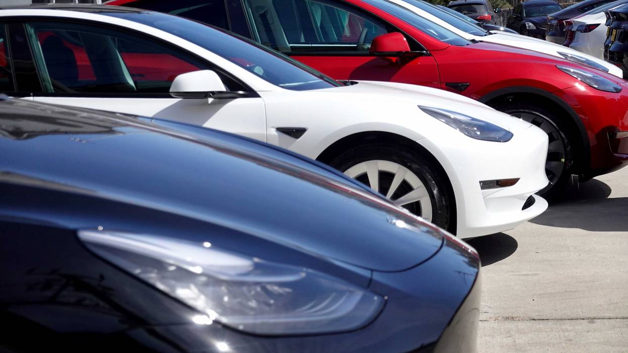 Tesla cars are lined up at a dealership in Chicago, Illinois.
