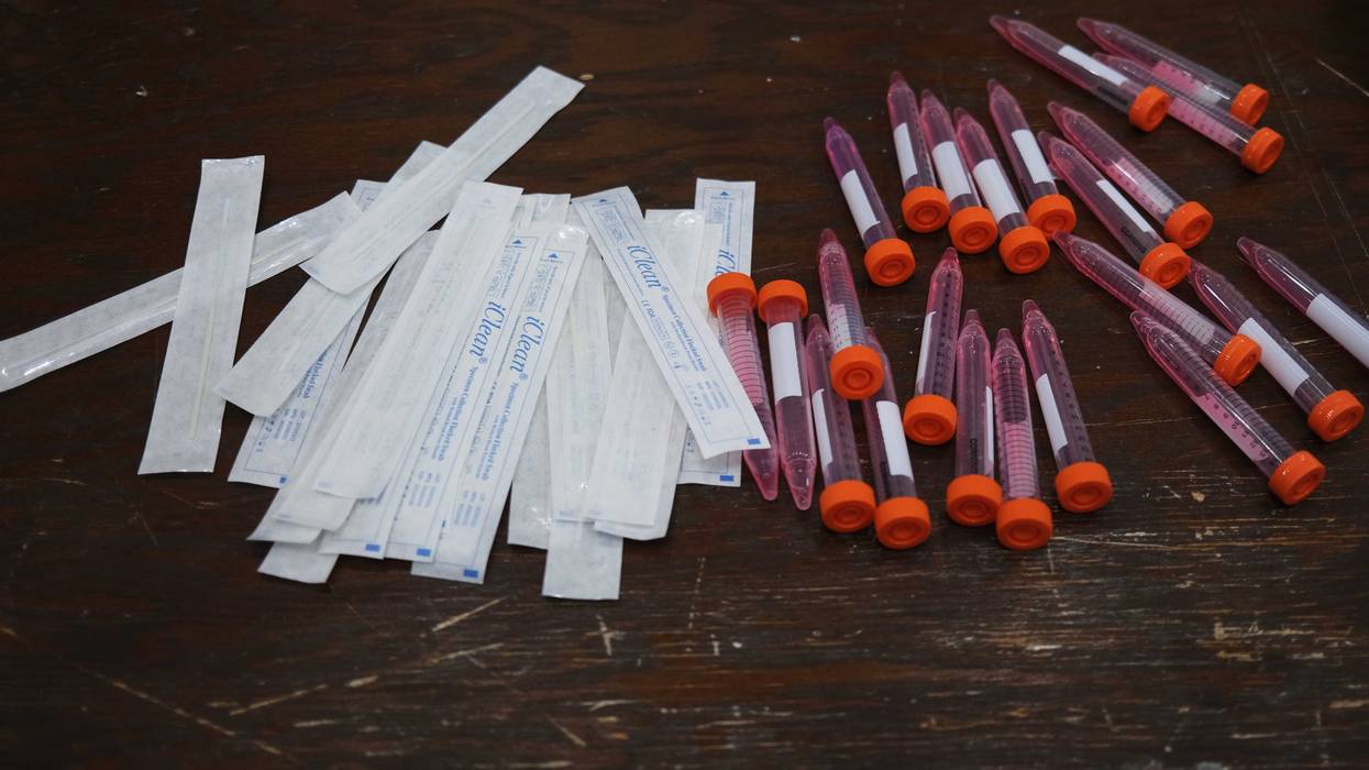 Testing kits are displayed on a table as medical workers test for COViD-19 at Abyssinian Baptist Church, one of 11 churches across the city as well as Nassau County and Westchester that has begun testing for the virus on May 13, 2020 in New York City.