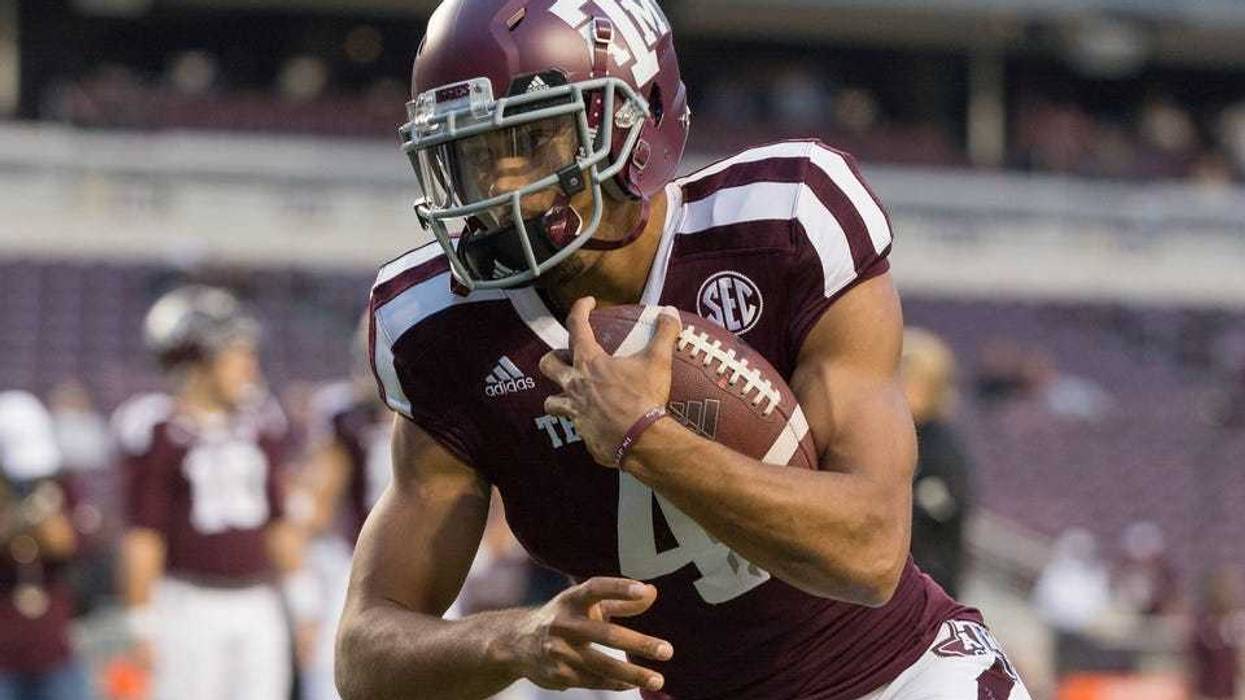 Texas A&M wide receiver Damion Ratley (4) participates in passing drills prior to the game against the visiting New Mexico Lobos at Kyle Field.