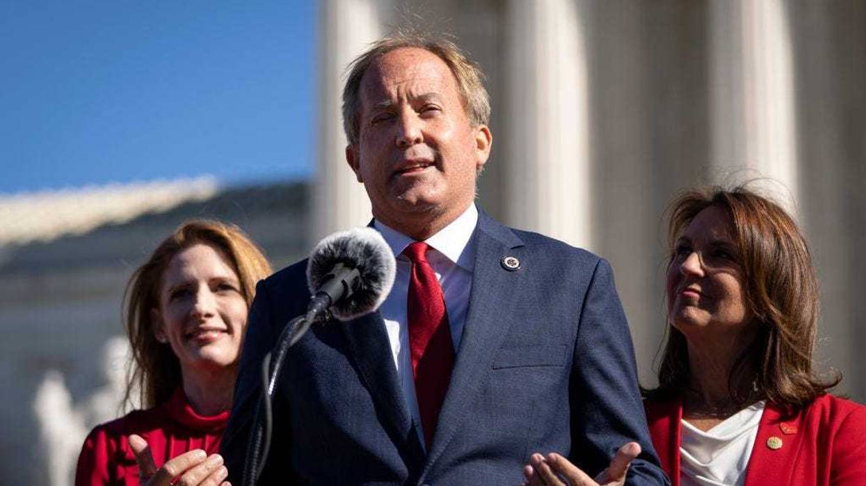 Texas Attorney General Ken Paxton speaks outside the U.S. Supreme Court on November 01, 2021 in Washington, DC.