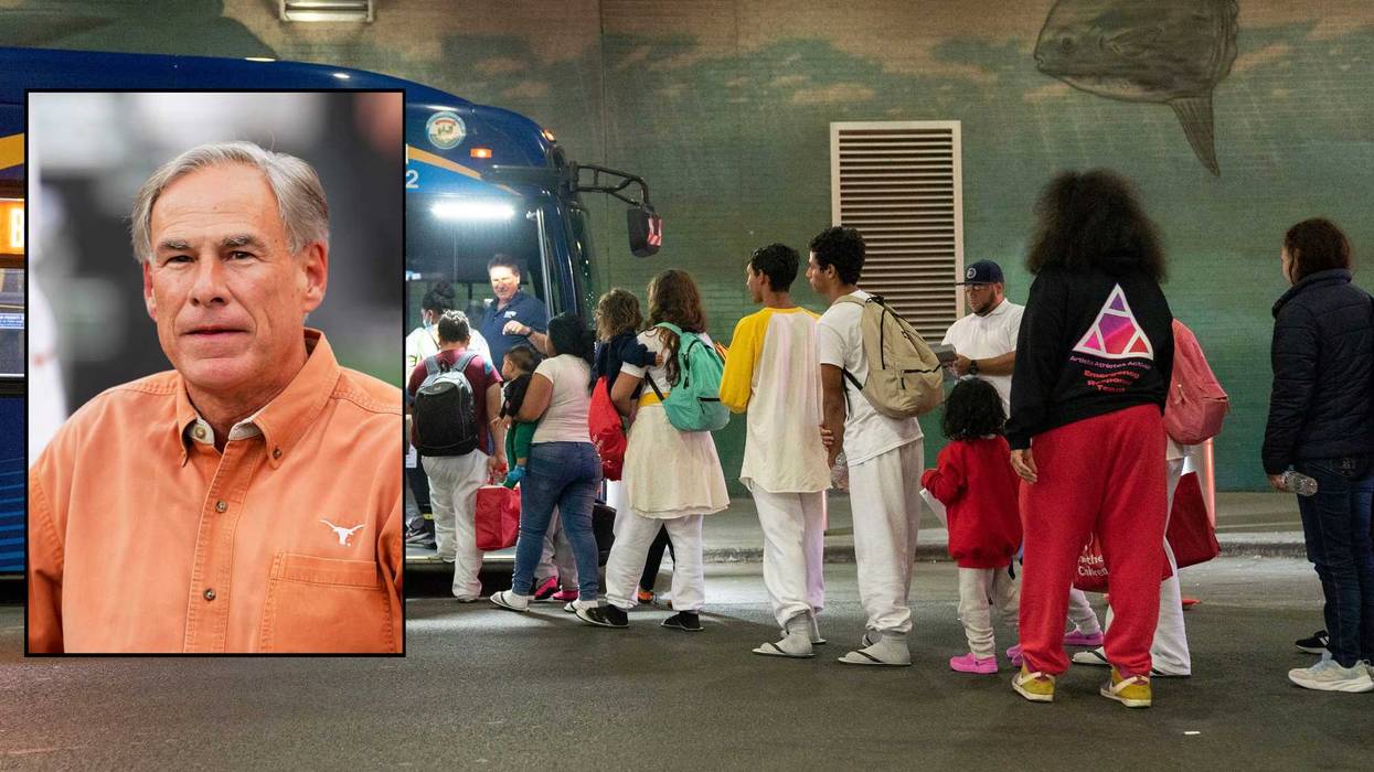 Texas Gov. Greg Abbott (inset) visited New York City on Wednesday, calling the flow of migrants into the city "unsustainable" and blaming Joe Biden for the crisis