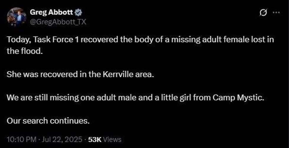 Texas Governor Greg Abbott announced late Tuesday that the number of people still missing from the catastrophic July 4 flash floods in Central Texas has now dropped to just two individuals: one adult male and one young girl from Camp Mystic. A woman