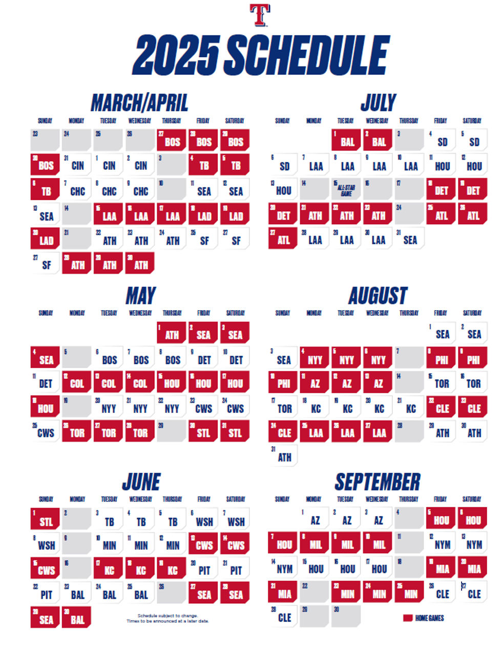 Texas Rangers 2025 schedule