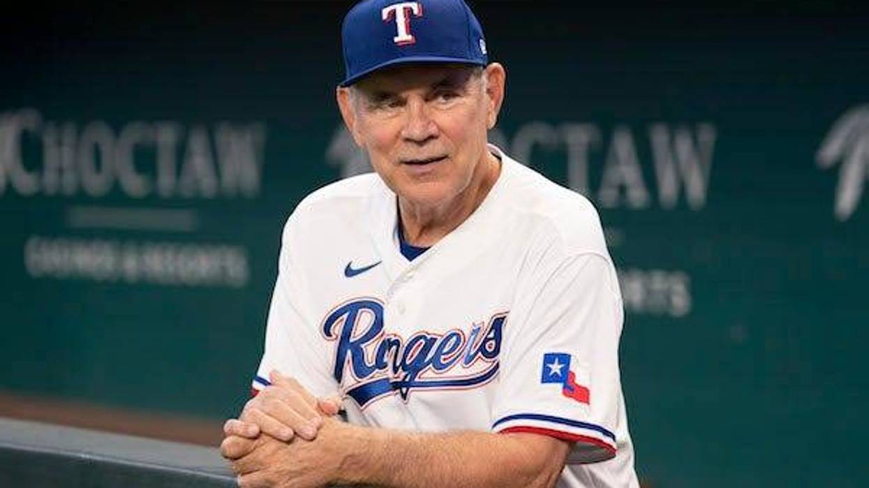 Texas Rangers manager Bruce Bochy poses for a photo following a news conference at Globe Life Field