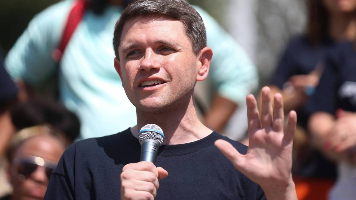 Texas Rep. James Talarico speaks at a rally, Saturday, Aug. 16, 2025, at Wrigley Square in Millennium Park in Chicago.