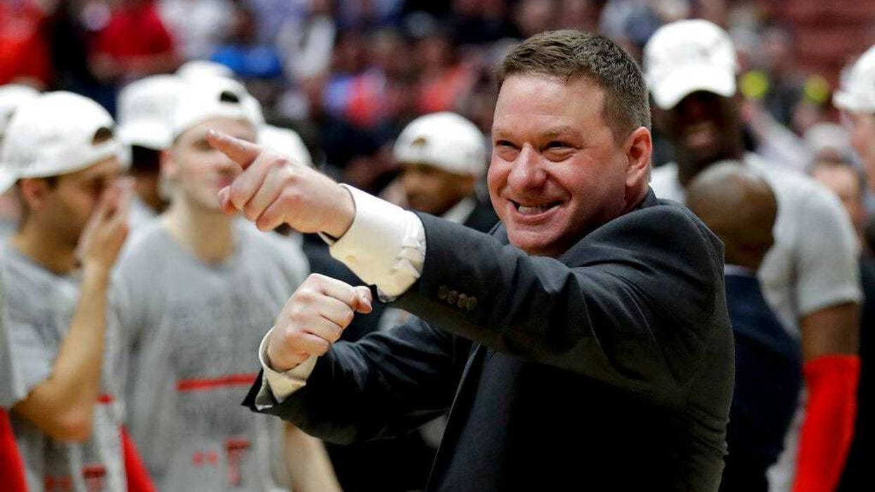 Texas Tech head coach Chris Beard celebrates after the team's win against Gonzaga during the West Regional final in the NCAA men's college basketball tournament Saturday, March 30, 2019, in Anaheim, Calif. Texas Tech won 75-69.