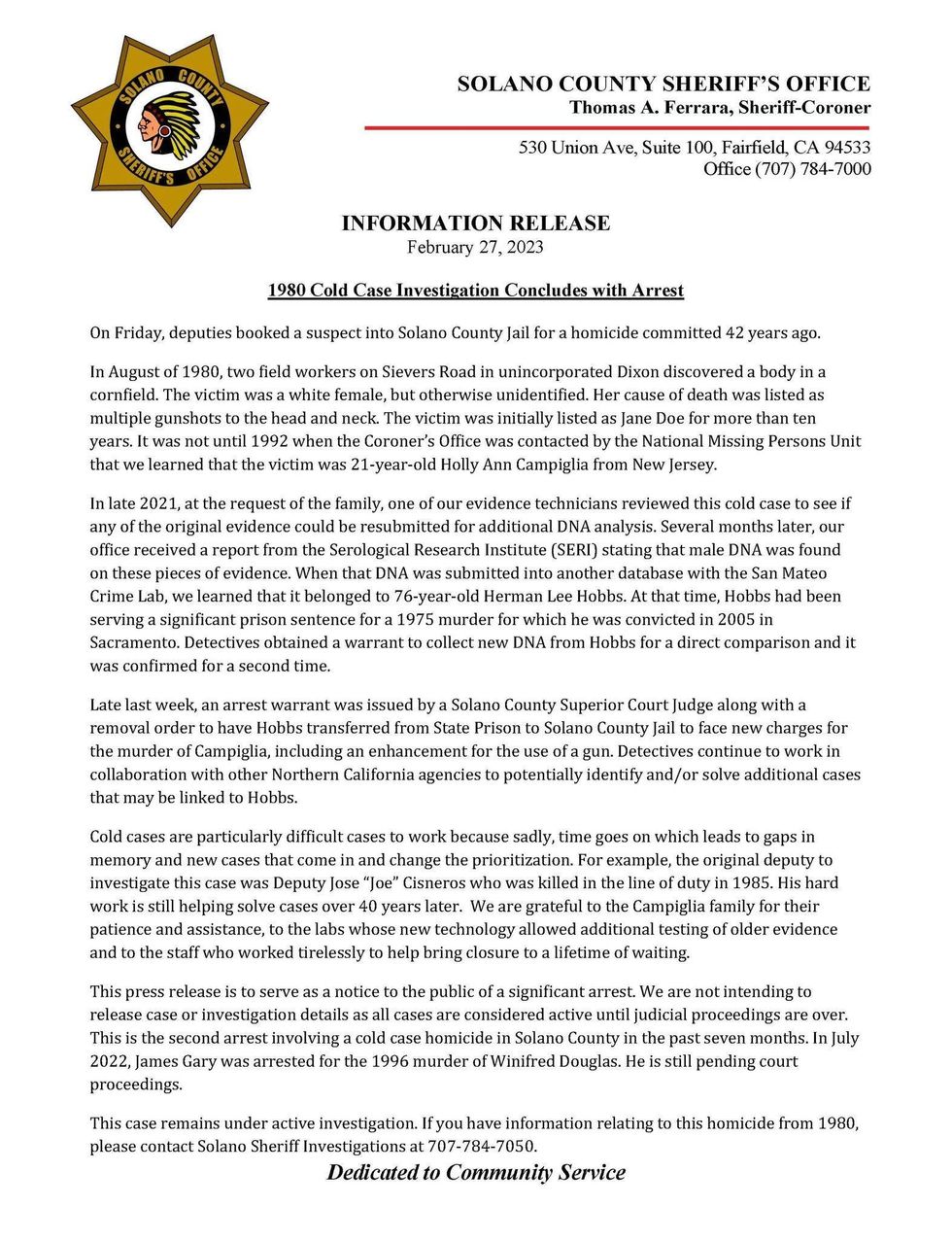 text document from the Solano County Sheriff