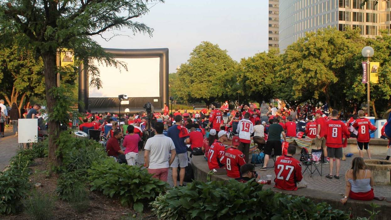The 106.7 The Fan Street Team joins fans at a live viewing of the Capitals vs. Lighting game at Gateway Park, Rosslyn, VA.