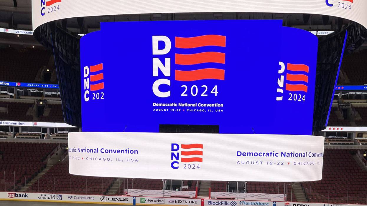 The 2024 DNC logo is displayed at Chicago's United Center at an event previewing the convention.