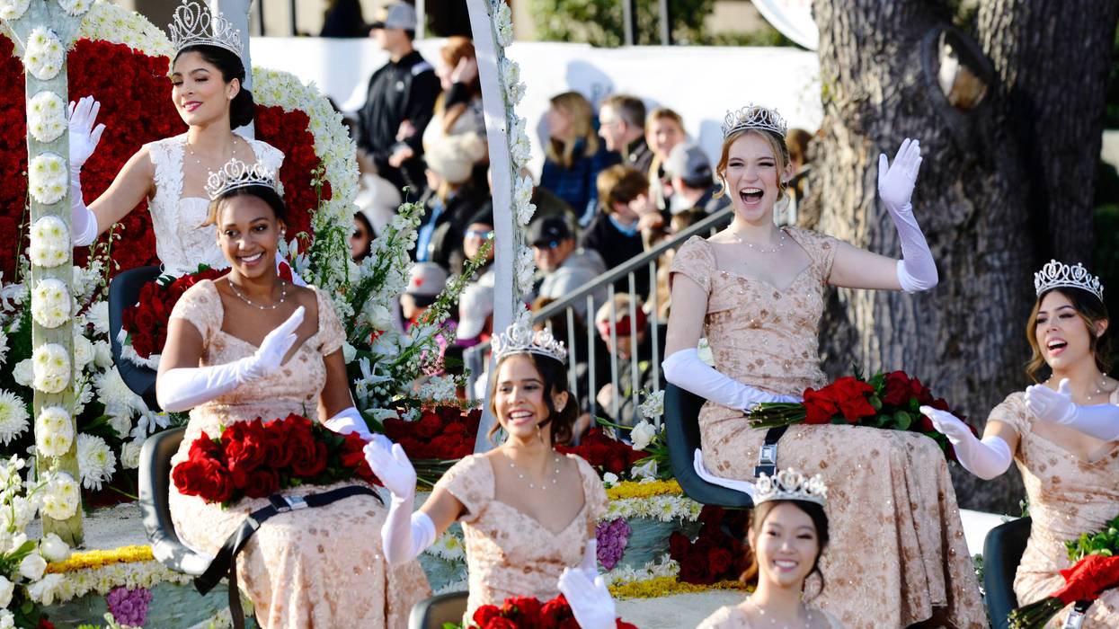 The 2024 Rose Court, Rose Queen Naomi Stillitano, Emmerson Tucker, Olivia Bohanec, Phoebe Ho, Jessica Powell and Trinity Dela Cruz wave during the 135th Rose Parade Presented by Honda on January 01, 2024 in Pasadena, California.