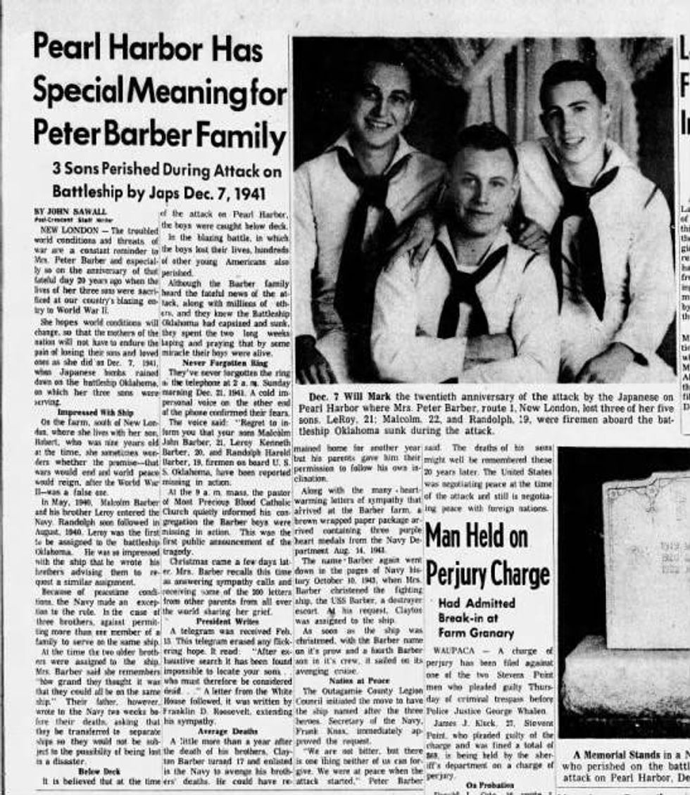 The 3 Barber brothers killed aboard the USS Oklahoma are accounted for