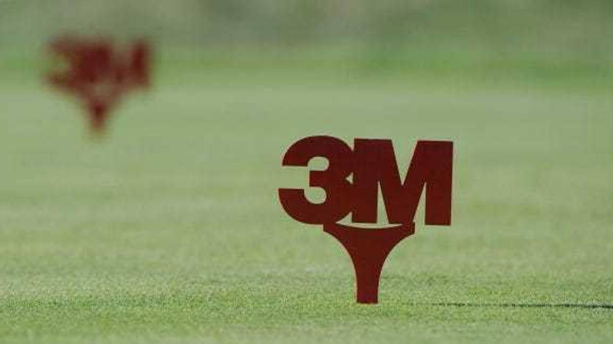 The 3M logo sits on the tee box of the 3rd hole during the second round of the 3M Championship at TPC Twin Cities on August 3, 2013 in Blaine, Minnesota.