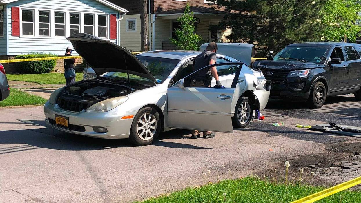 The aftermath of a silver car rammed by a City of Tonawanda police cruiser on Morgan Street. May 26, 2020 (WBEN Photo/Mike Baggerman)