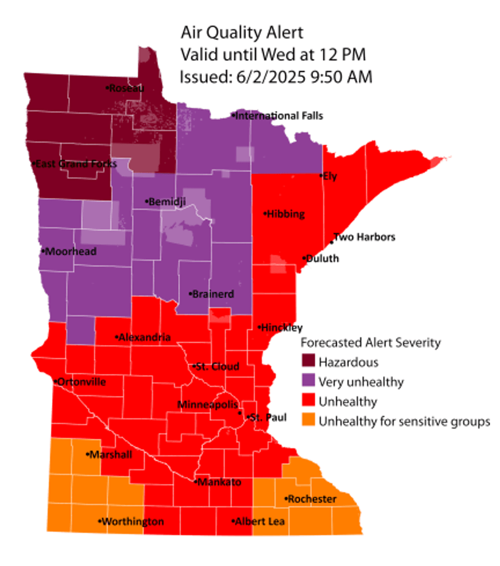 The air quality alert that has now been issued in Minnesota through Wednesday. The worst conditions are in northwestern Minnesota which is "Hazardous."