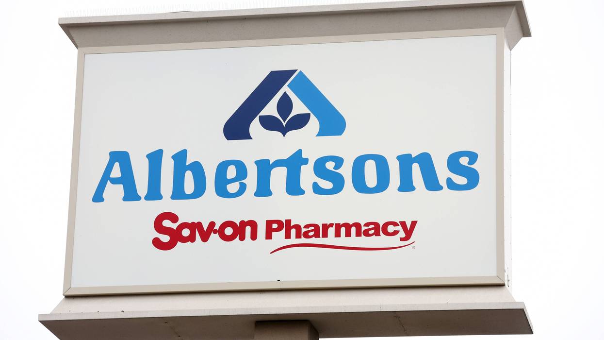 The Albertsons logo is displayed in front of an Albertsons grocery store on October 14, 2022 in Los Angeles, California.