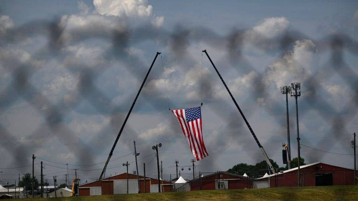 The American flag, that served as the backdrop for a campaign rally by former President and current Republican candidate Donald J. Trump