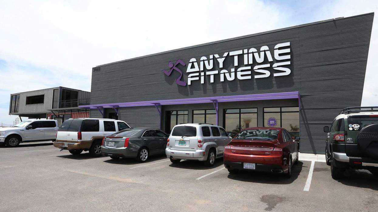 The Anytime Fitness facility at 3041 N. Zaragoza Road with retail space made of shipping containers at left.