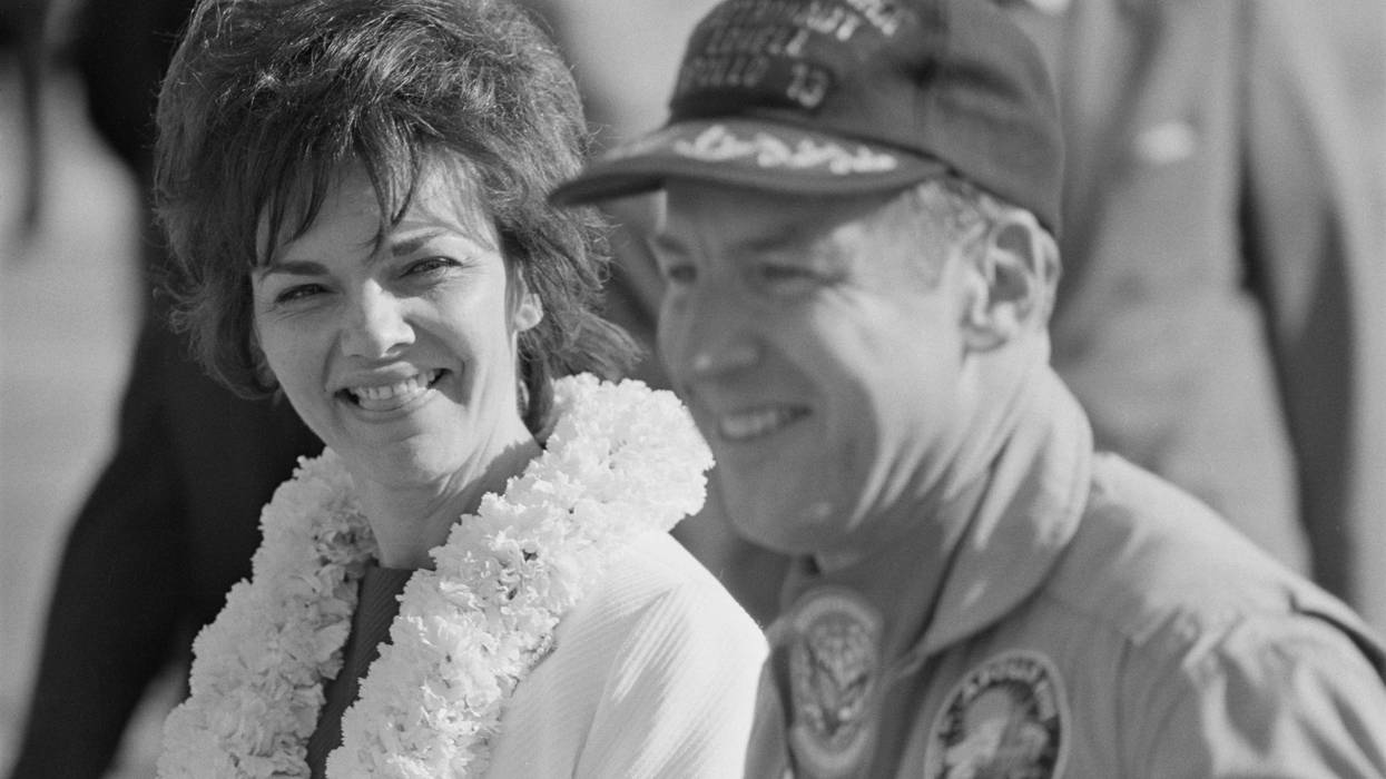 The Apollo 13 astronauts are reunited with their wives in Honolulu, Hawaii, after their safe return to Earth, 23rd April 1970. Pictured here are mission commander Jim Lovell and his wife Marilyn.