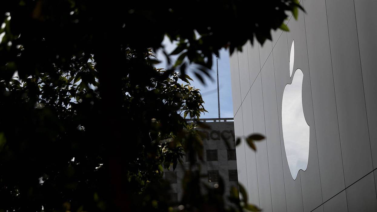 The Apple logo is displayed on the exterior of an Apple Store on February 1, 2018 in San Francisco, California.