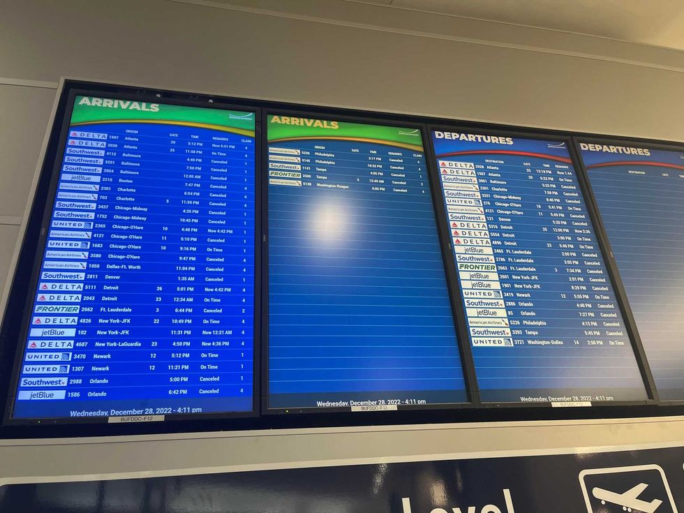The arrival and departure boards on 12/28/2022, the reopening date of Buffalo Niagara International, notice not a single Southwest flight is available.